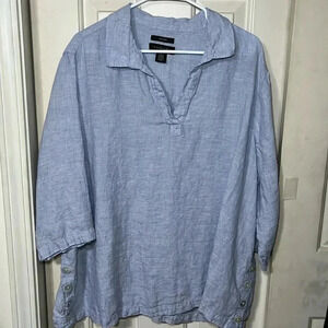 TAHARI Linen Short Sleeve Tunic Top Coastal Beach Swim Cover Lagenlook Summer
